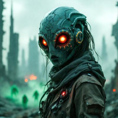 The primary subject of the image is a person wearing a futuristic mask with glowing eyes. The mask is attached to a hooded jacket, and the person is standing in a dark, foggy environment. The visual style of the image is a combination of photo and digital art, creating a moody and mysterious atmosphere. The dominant colors are dark shades, with the glowing eyes of the mask being the main source of light in the scene.